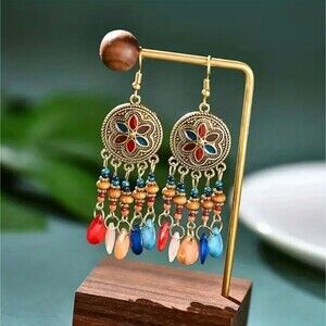Dream catcher Flower Tassel Drop Earrings, MULTICOLOR beaded dangle